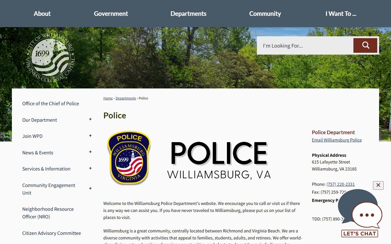 Williamsburg Police Department criminal records Virginia