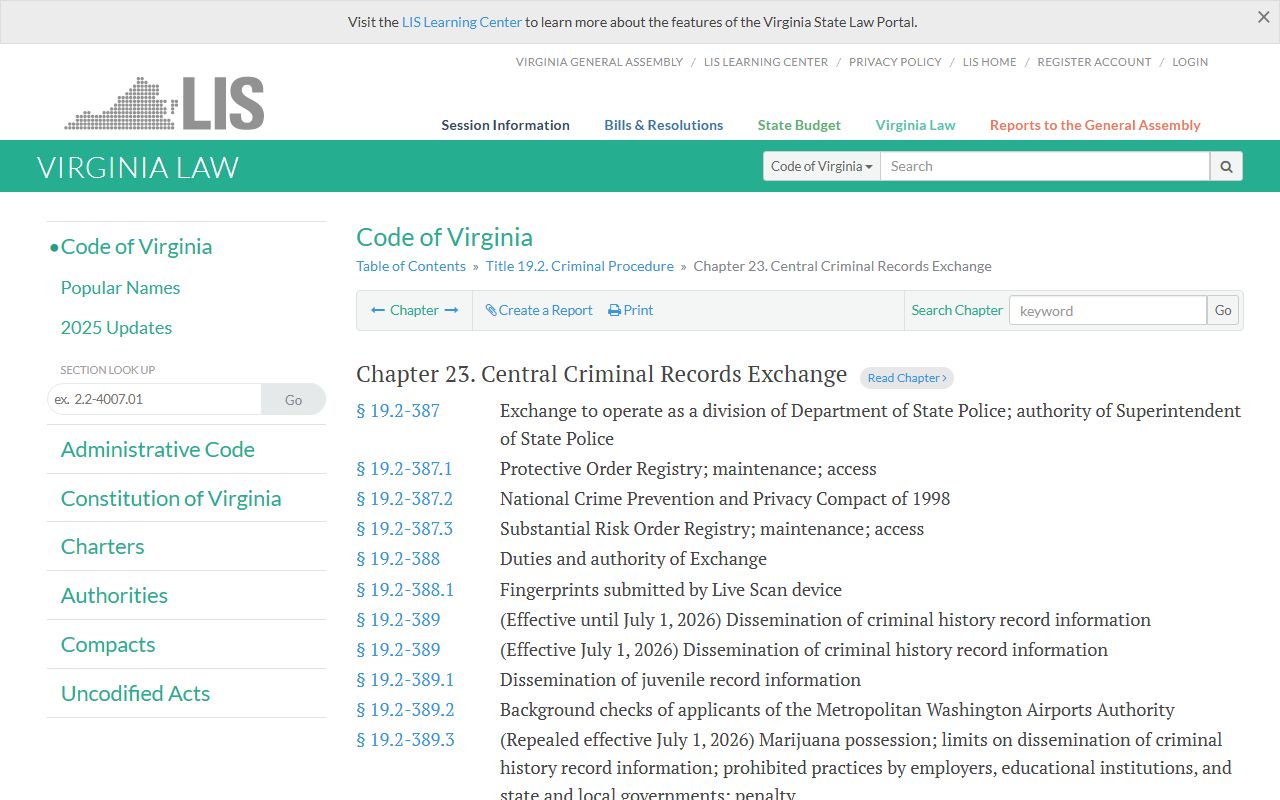Virginia CCRE Central Criminal Records Exchange statute