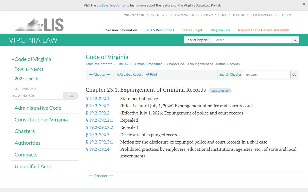 Virginia Code expungement of criminal records provision