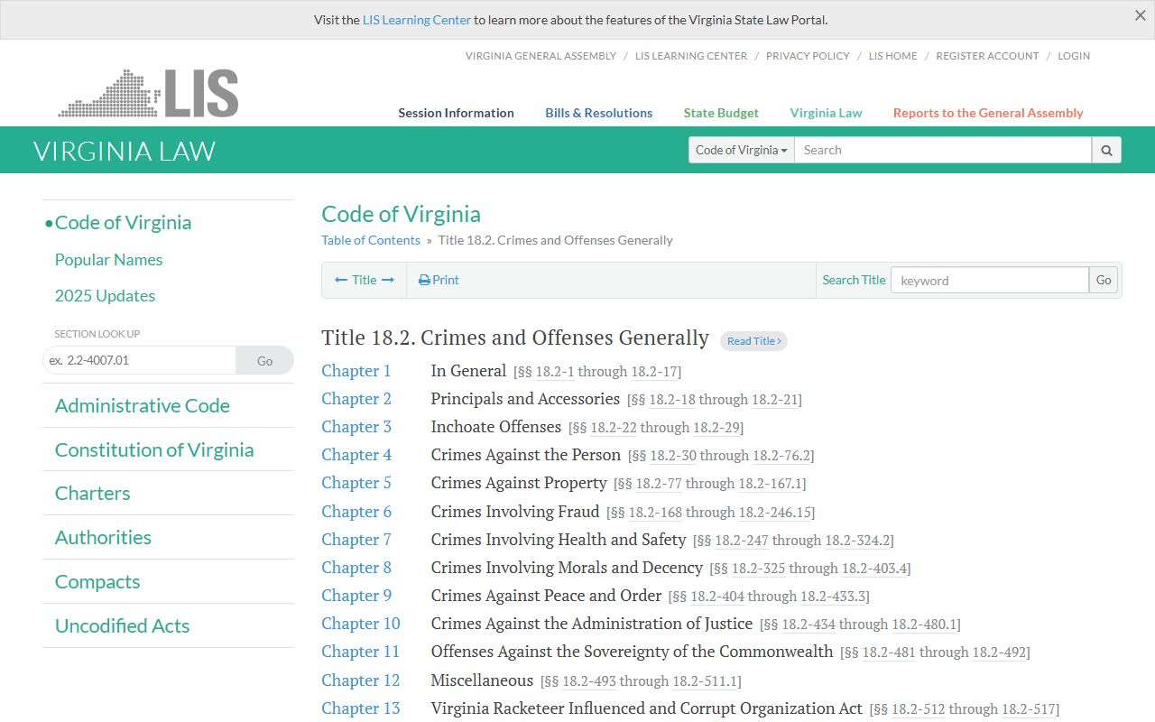 Virginia Code Title 18.2 crimes and offenses criminal records