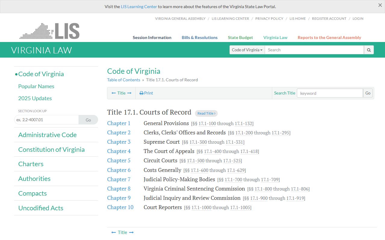 Virginia courts of record statute governing criminal record keeping