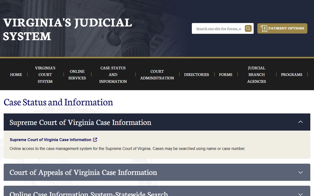 Virginia Judicial System online case information for criminal records