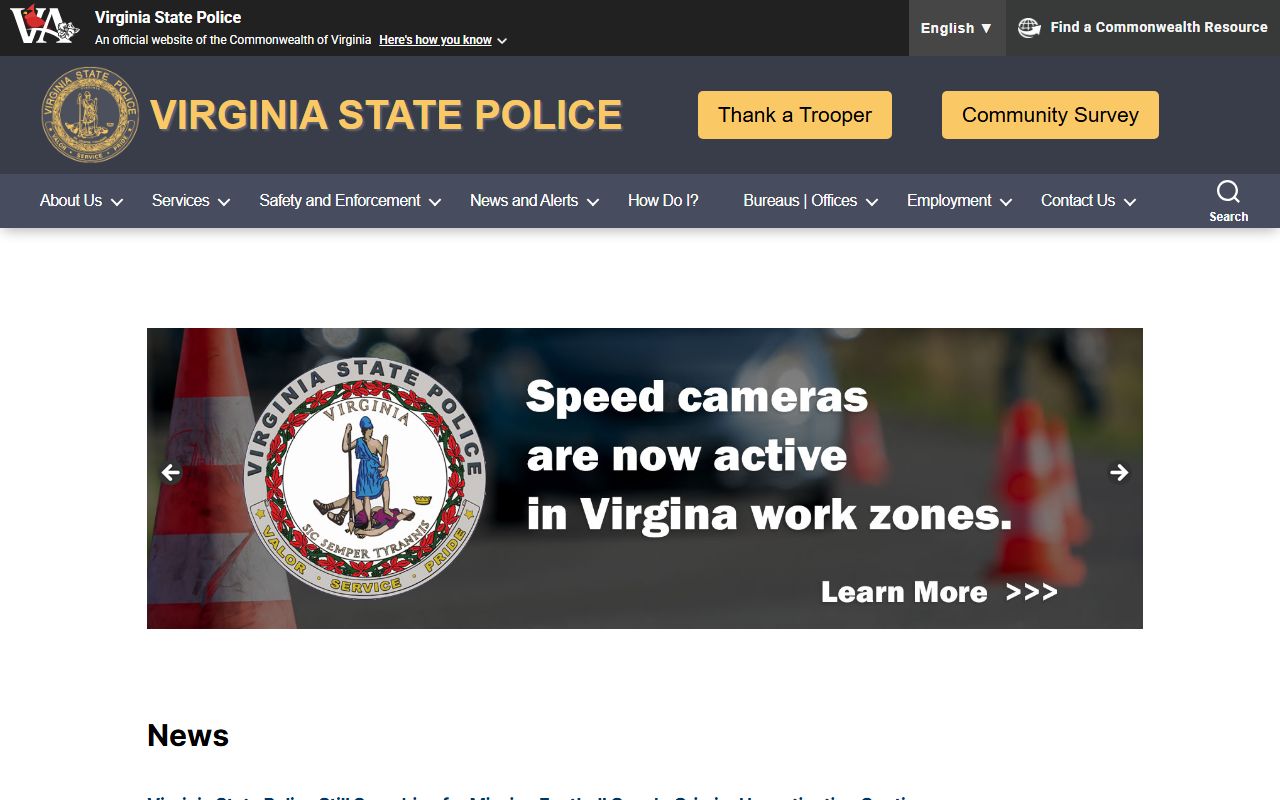 Virginia State Police website for criminal records and public safety services